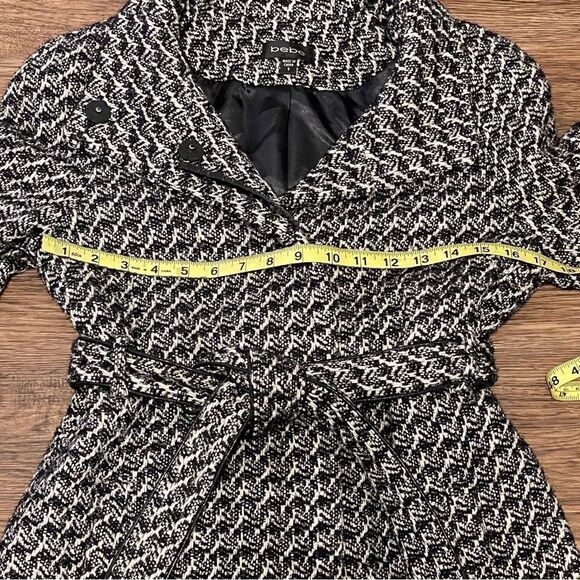 Bebe Wool Blend Belted Coat Snap Buttons Black White Metallic Silver Threads Sm - Picture 13 of 17